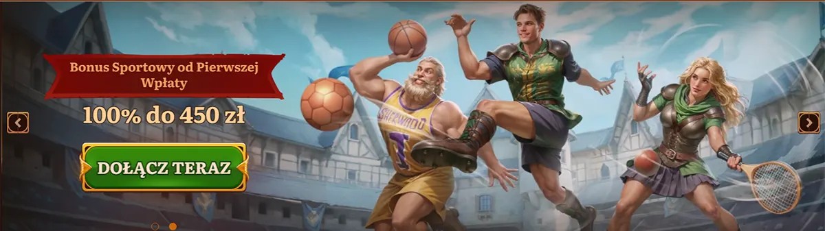 “Sports welcome bonus banner showing fantasy athletes in action, promoting a 100% bonus up to 450 PLN on the first deposit with a ‘Join Now’ call-to-action button.”