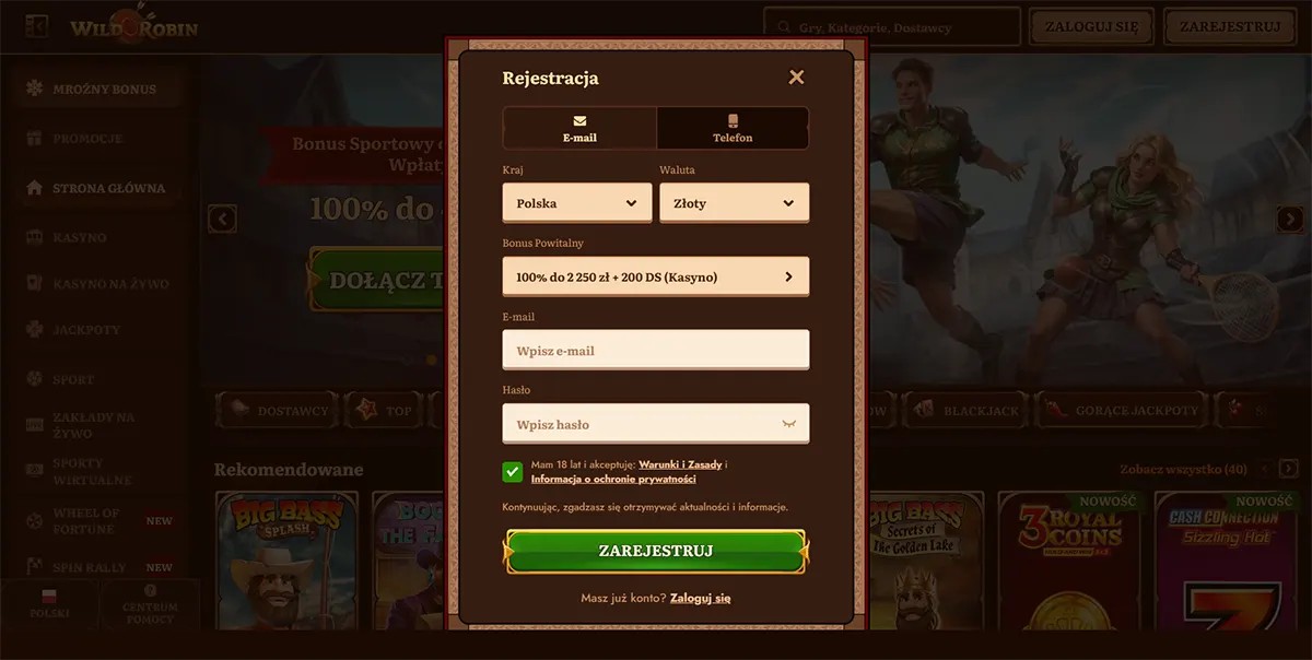 “Casino registration popup showing email sign-up form with country set to Poland, currency PLN, a welcome bonus offer, password fields, terms acceptance checkbox, and a green register button over a casino background.”